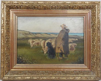 une peinture à l'huile représentant un homme et un chien dans un champ parsemé de moutons