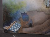 a picture of a painting of a cat sleeping on a bed
