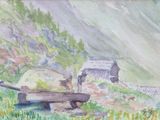 une aquarelle représentant un chariot dans un champ