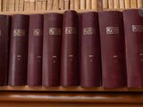 several books are lined up in a row on a shelf