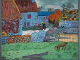 an image of a painting of a man and a dog in a field