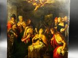 une image représentant une peinture d'une crèche avec des anges