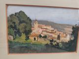 painting of a village in a landscape with trees and hills