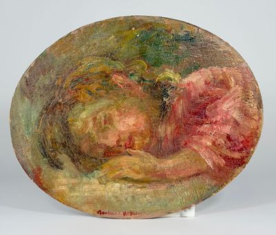 an oil painting of a woman sleeping on a pillow on a white surface