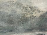 a painting of a man on a surfboard riding a wave