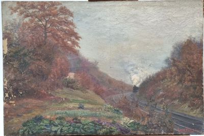 painting of a train coming down the tracks in a wooded area