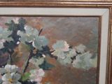 a painting of white flowers in a vase on a table