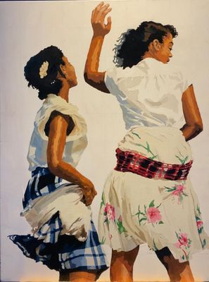 un tableau représentant deux femmes debout l'une à côté de l'autre