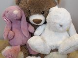 trois peluches posées sur une table