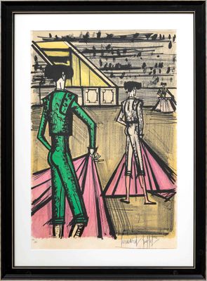 une image représentant un dessin d'une femme en robe verte et d'un homme en costume rose