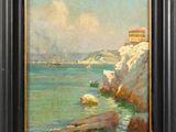 une peinture à l'huile représentant une côte rocheuse avec un bateau dans l'eau