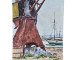 a watercolor painting of a windmill on the beach