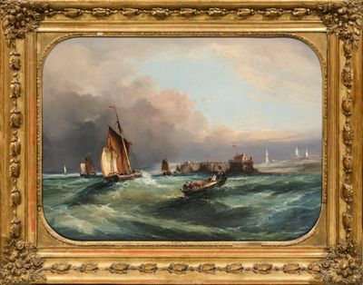 une peinture à l'huile représentant des bateaux sur un plan d'eau près d'un phare