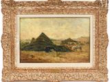 an image of a painting of a desert scene with a horse in the foreground