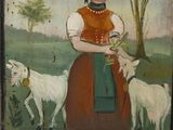 painting of a woman with a goat and a dog in a field