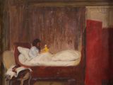 a painting of a woman laying in a bed with a dog