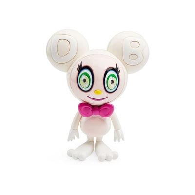 figurine en vinyle représentant une souris blanche aux yeux verts et portant un nœud papillon rose