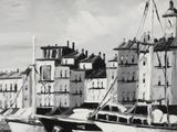 painting of a black and white picture of boats docked in a harbor