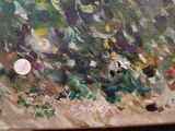 a painting of flowers on a table with a coin on it