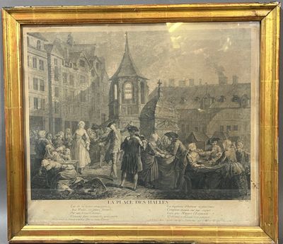 an old picture of a group of people gathered around a building