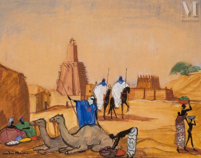 painting of a desert scene with camels, people, and buildings