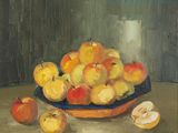un tableau représentant des pommes dans un bol posé sur une table