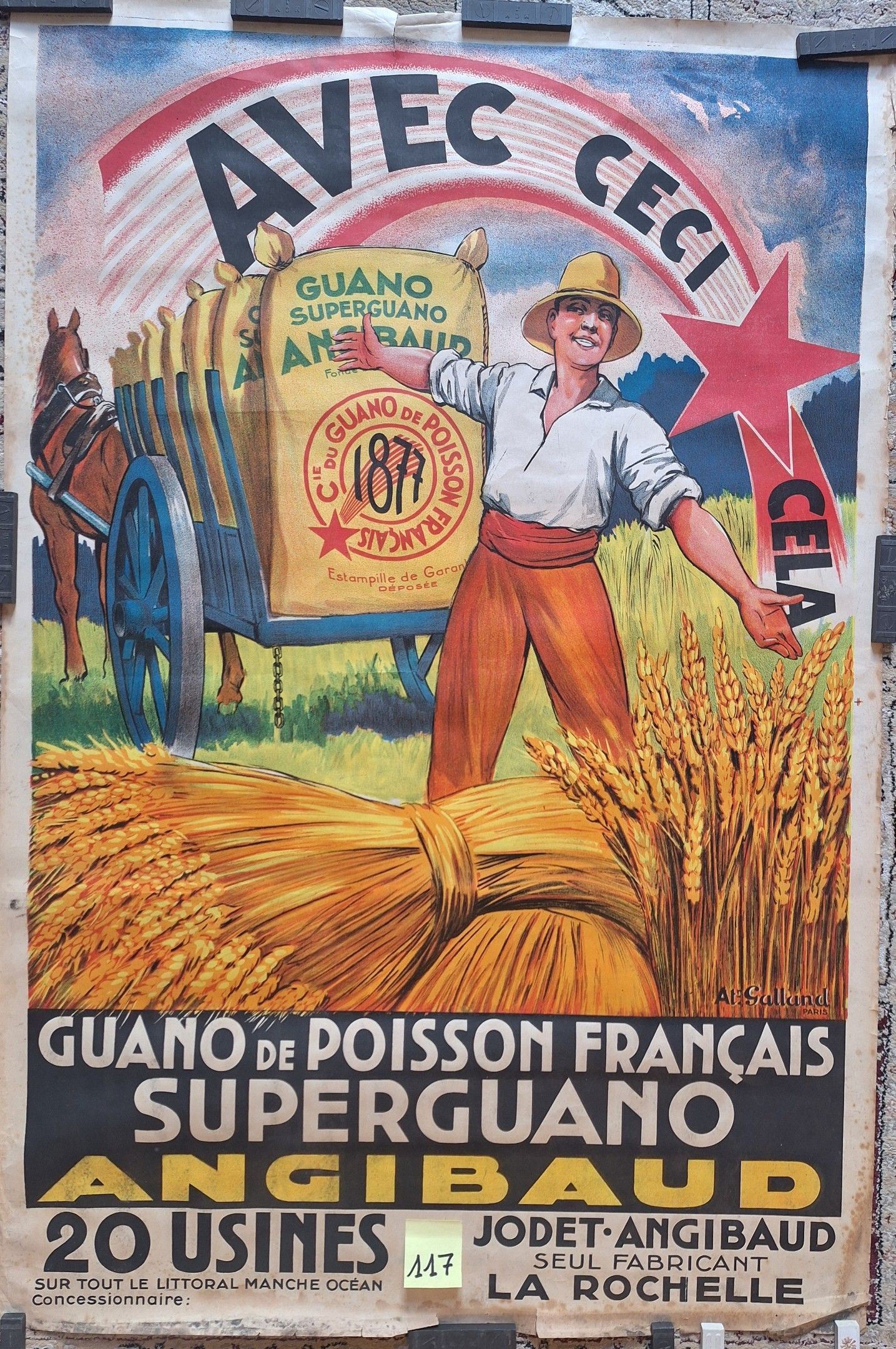 Superguano Angibaud. La Rochelle. Illustrateur/Imprimeur atelier Galland Paris. 120 cm x 80 cm. Bon état. Rousseurs, ...