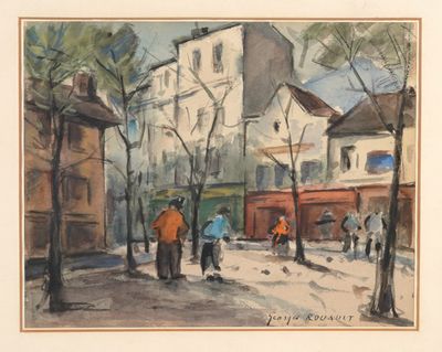 une peinture représentant un groupe de personnes marchant dans la rue
