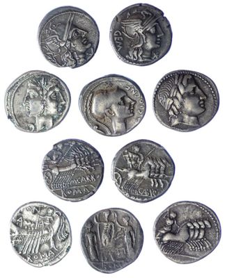 a set of nine ancient greek silver coins