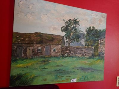 a painting on the wall of a room with red walls