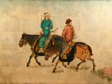 tableau représentant deux hommes à cheval dans un champ, avec le ciel en arrière-plan
