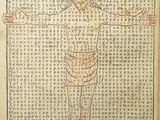 an old book with a drawing of a man on a cross