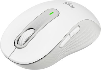the computer mouse is white and has a green button