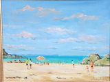 a painting of a beach scene with people on the sand