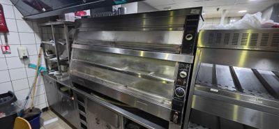 des fours en acier inoxydable dans une cuisine professionnelle disposant d'un grand plan de travail