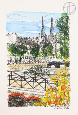 dessin représentant une vue d'une ville avec un pont enjambant une rivière