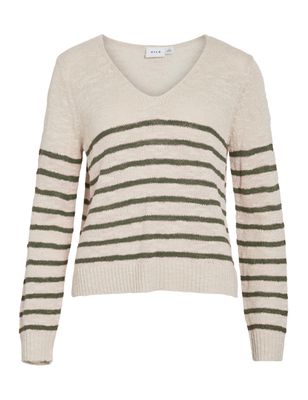 VILA CLOTHES - Haut en maille col V - Rayures Birch/OLIVINE …