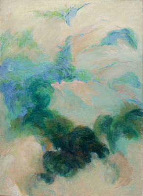 une peinture à l'huile représentant une fleur verte et bleue sur fond blanc