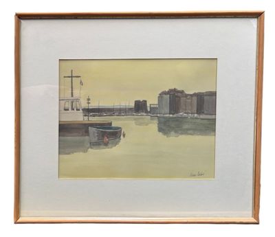 framed watercolor painting of a boat in a harbor with a city in the background