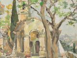 une image représentant un tableau d'une église et d'arbres dans un parc