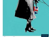 painting of a woman in a coat and hat walking a dog with a union jack and union jack flag