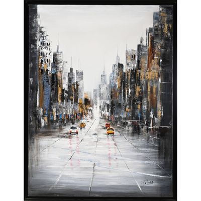 an oil painting of a city street with cars and buildings