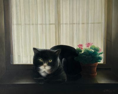 painting of a black cat sitting on a window sill next to a potted plant