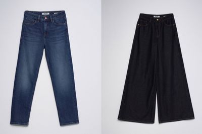 two pairs of jeans on a white background and a pair of jeans on a white background