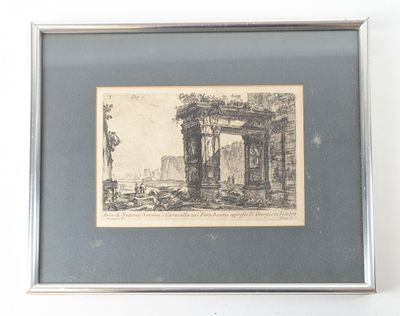 dessin encadré représentant un paysage avec des ruines et un homme à cheval