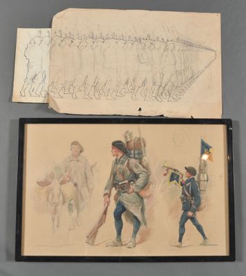 two drawings of soldiers and a drawing of a man with a gun