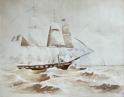 painting of a sailing ship in rough water with other ships in the background