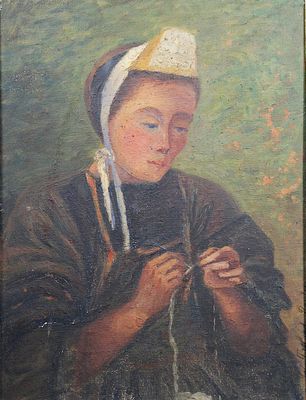HARDY (XXème), "Brodeuse" ou "Bretonne en coiffe à la coutur…