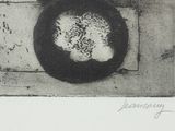a black and white photo of a bowl of food on a table