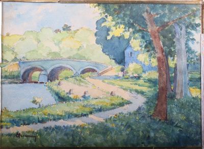 une peinture représentant un pont au-dessus d'une étendue d'eau